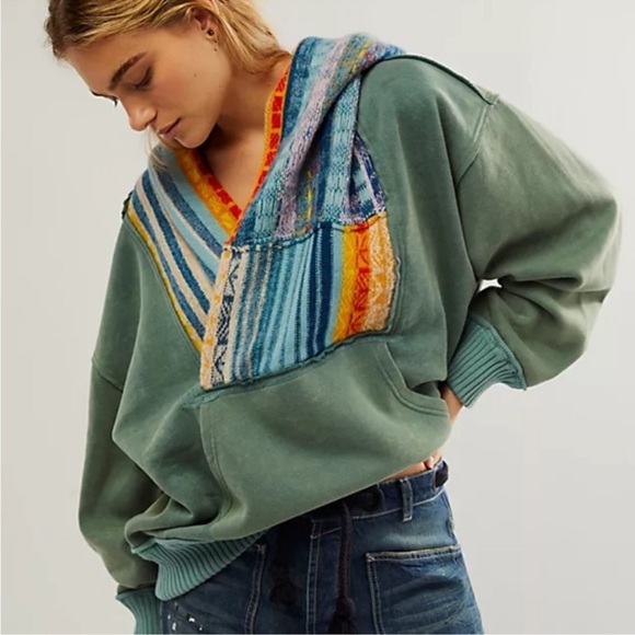Free People Sweaters - NWT Free People February Sweatshirt teal combo xL green sweater hood